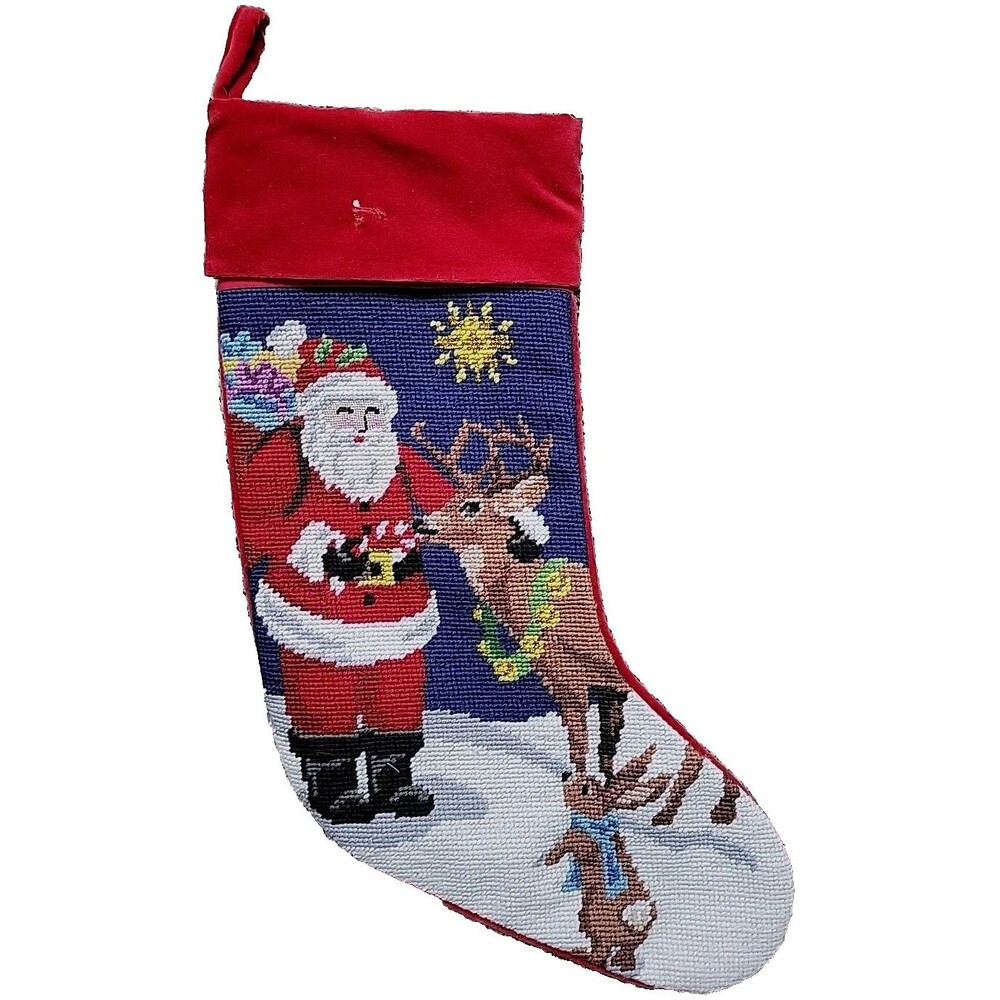 Lands' End Santa Wool Needlepoint Christmas Stocking Blank FLAW Reindeer Red C1